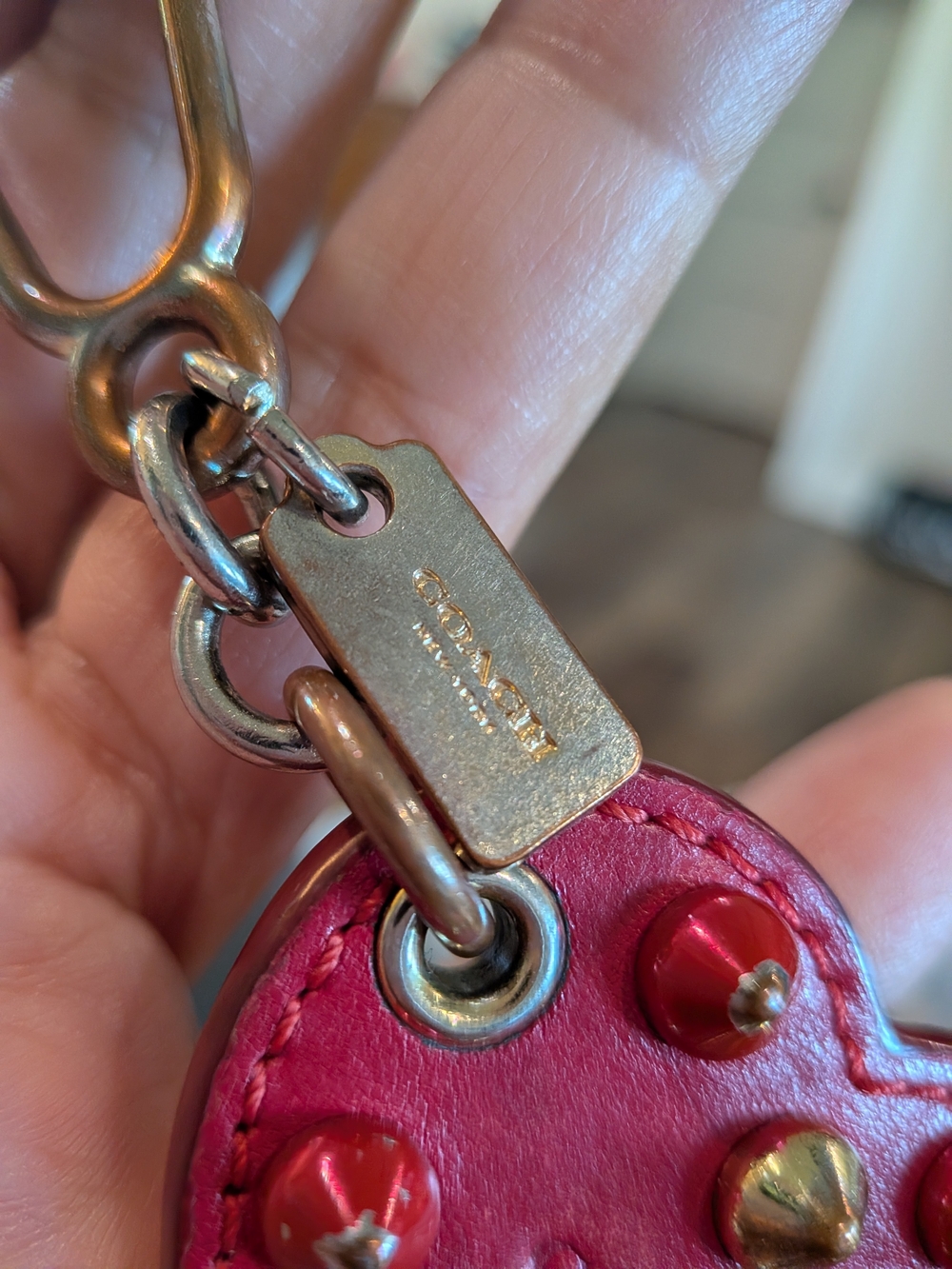 COACH Heart Studded Leather Keychain - Red - Picture 3 of 6